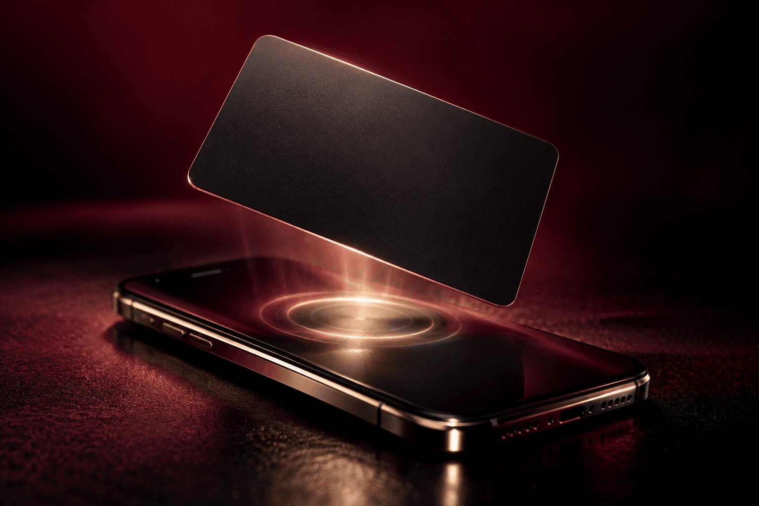 A blank Dream NFC card hovering above a phone, a ring of light rising from the screen