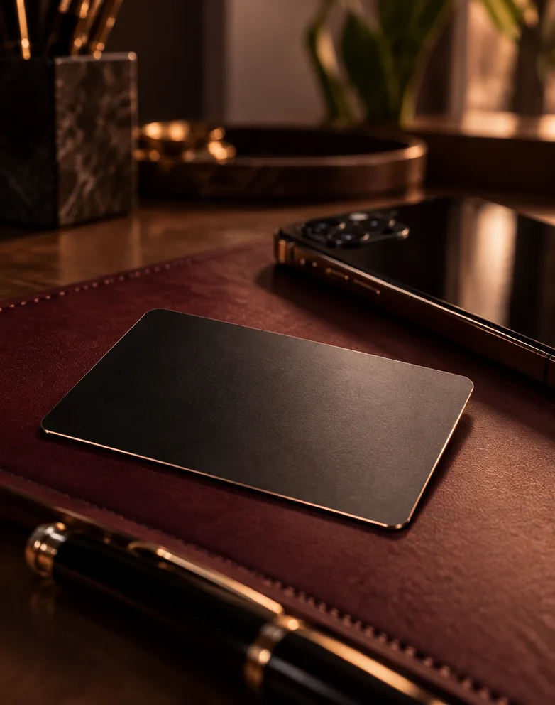 A black Dream card resting on a leather desk pad beside a phone