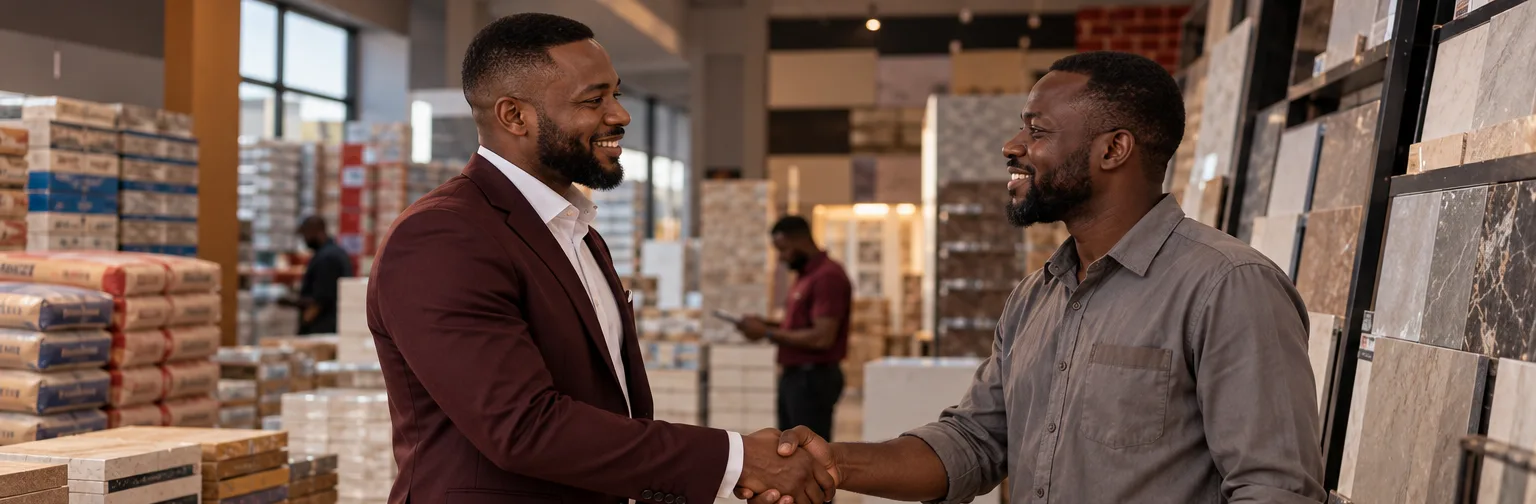 Two business owners shaking hands in a building materials showroom