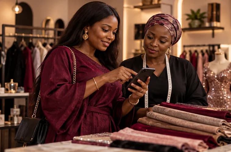 A boutique owner and a supplier looking at a phone beside fabric samples
