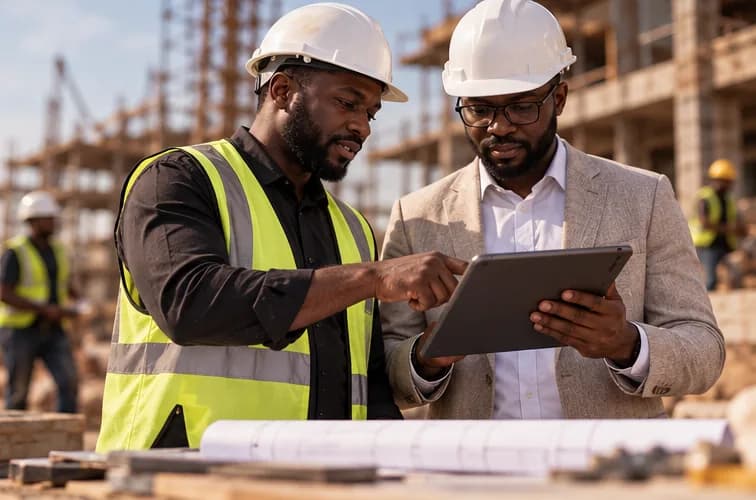 A contractor and an architect reviewing plans on a tablet at a building site