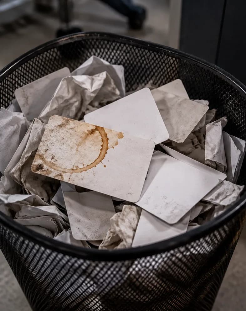 Crumpled, stained paper business cards in a wastepaper bin