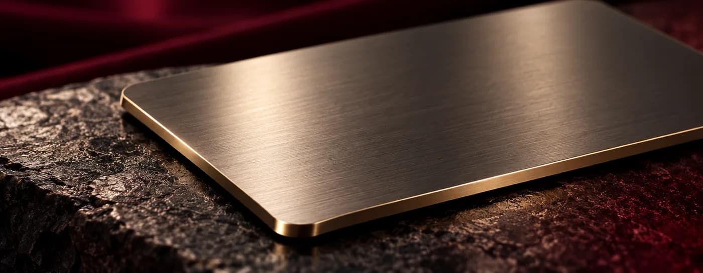 Close-up of a brushed metal Dream card with a gold edge