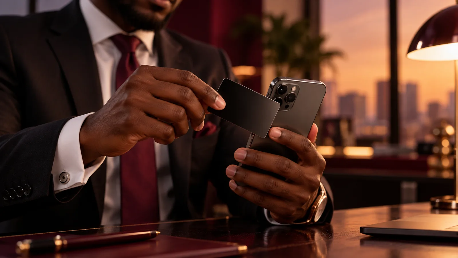 A businessman tapping a Dream card against his phone